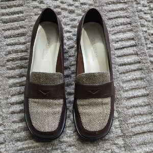 Chadwick Dark Brown Leather & Tweed Block Heel Loafers | 8W
